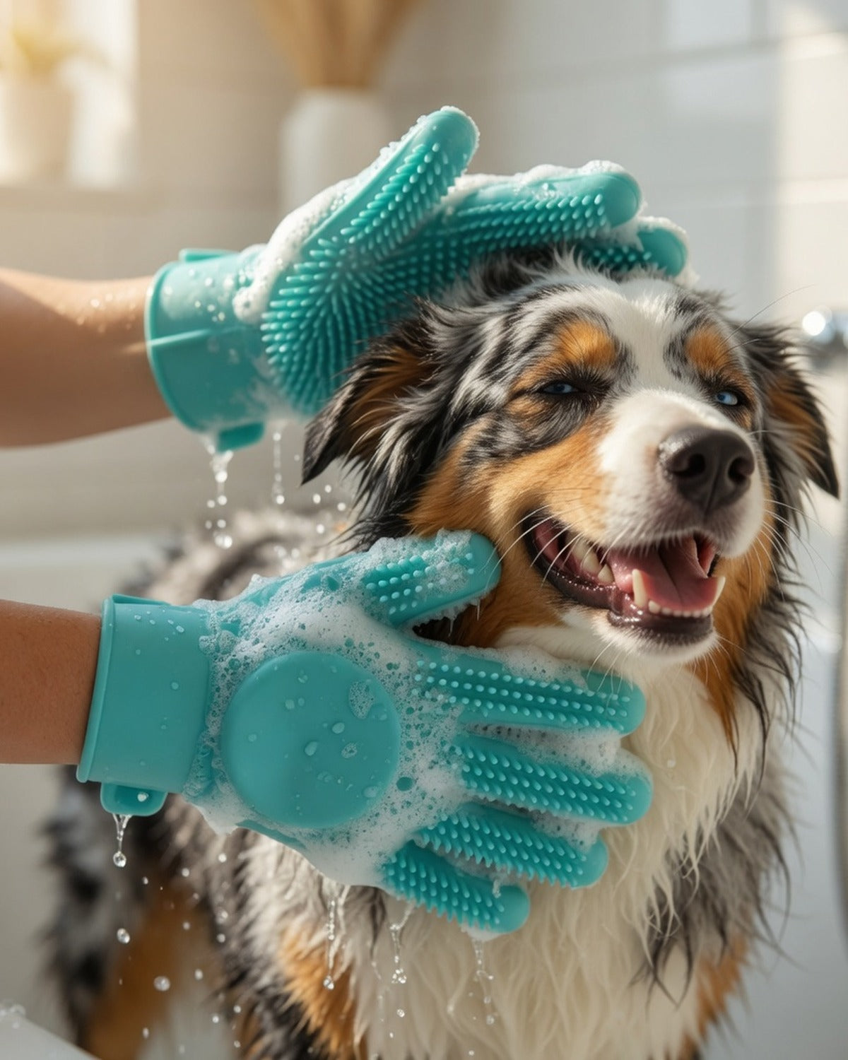 Pet Bath Massage Gloves for Dogs & Cats — full lifestyle photo