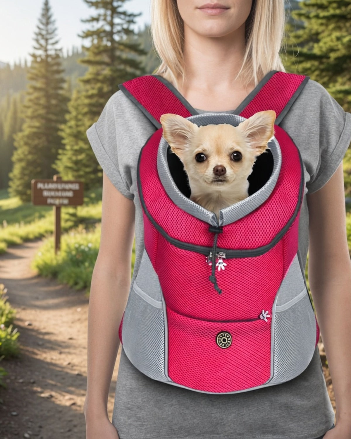 TrailLift Front Dog Carrier — full lifestyle photo
