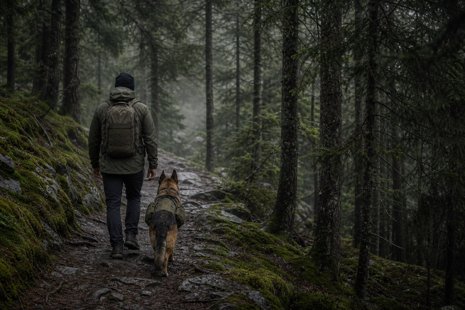 Hiker and dog moving through a forest trail